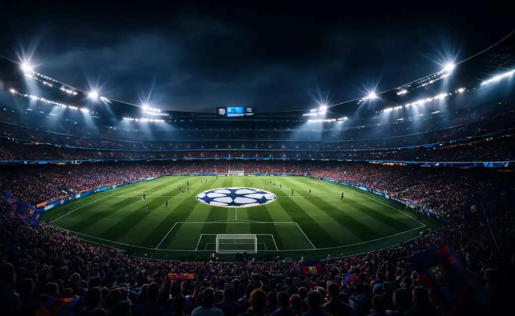Atmósfera de partido Champions League del Barcelona en estadio europeo de élite con afición