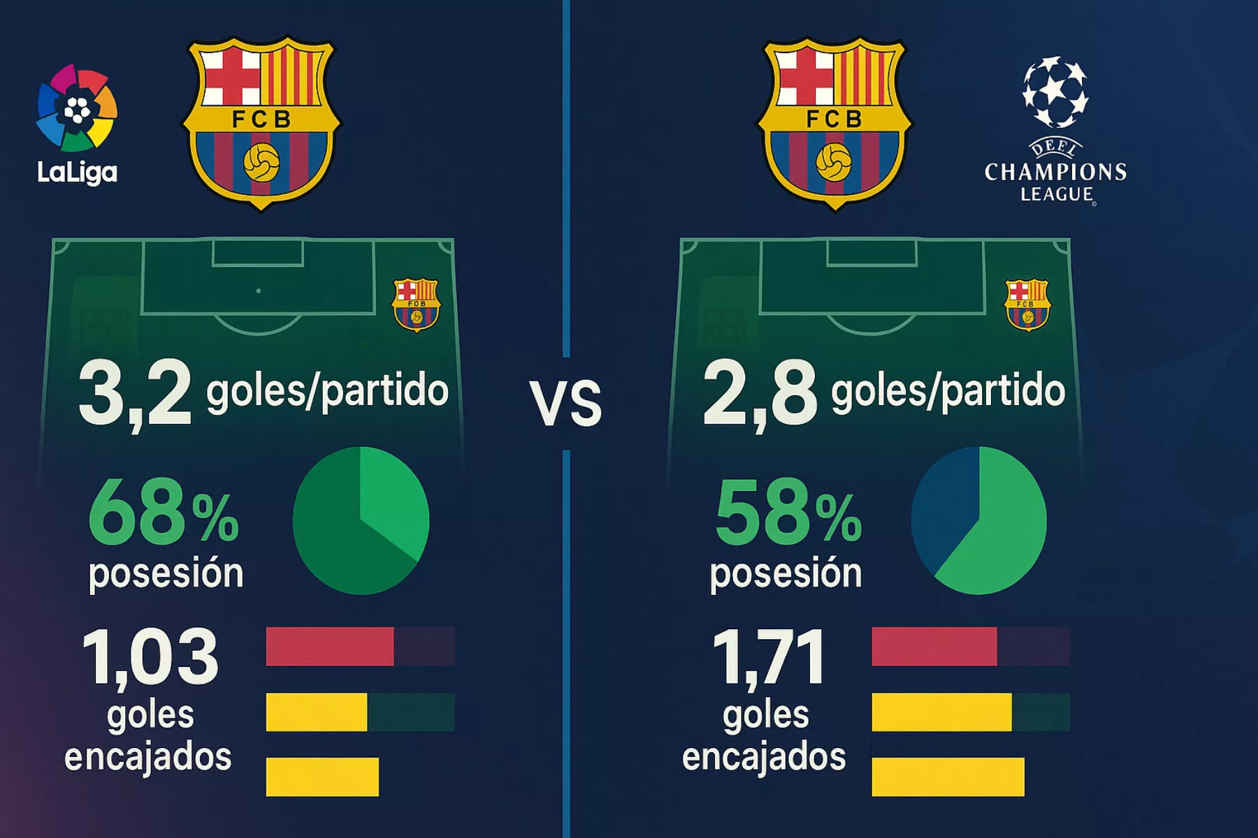 Comparación estadísticas Barcelona en LaLiga versus Champions League goles posesión tarjetas