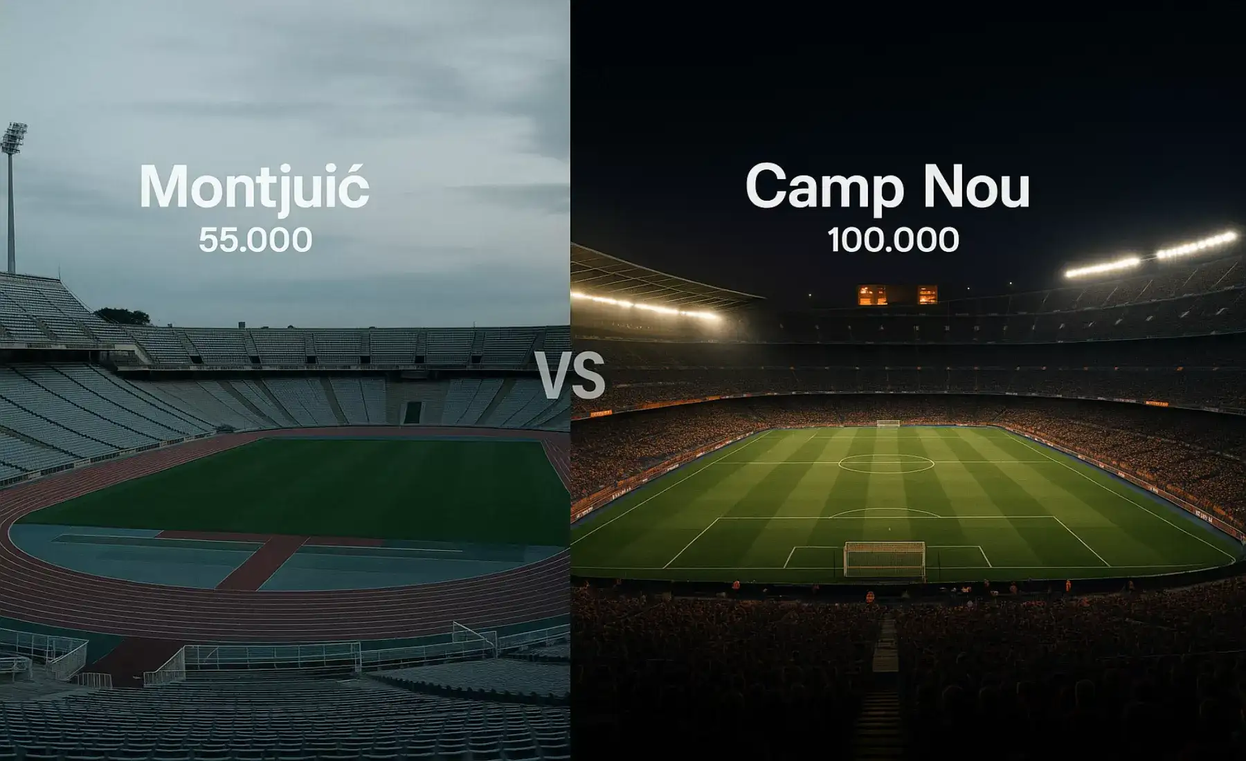 Comparación visual entre estadio Montjuïc y Camp Nou mostrando diferencias de capacidad y ambiente