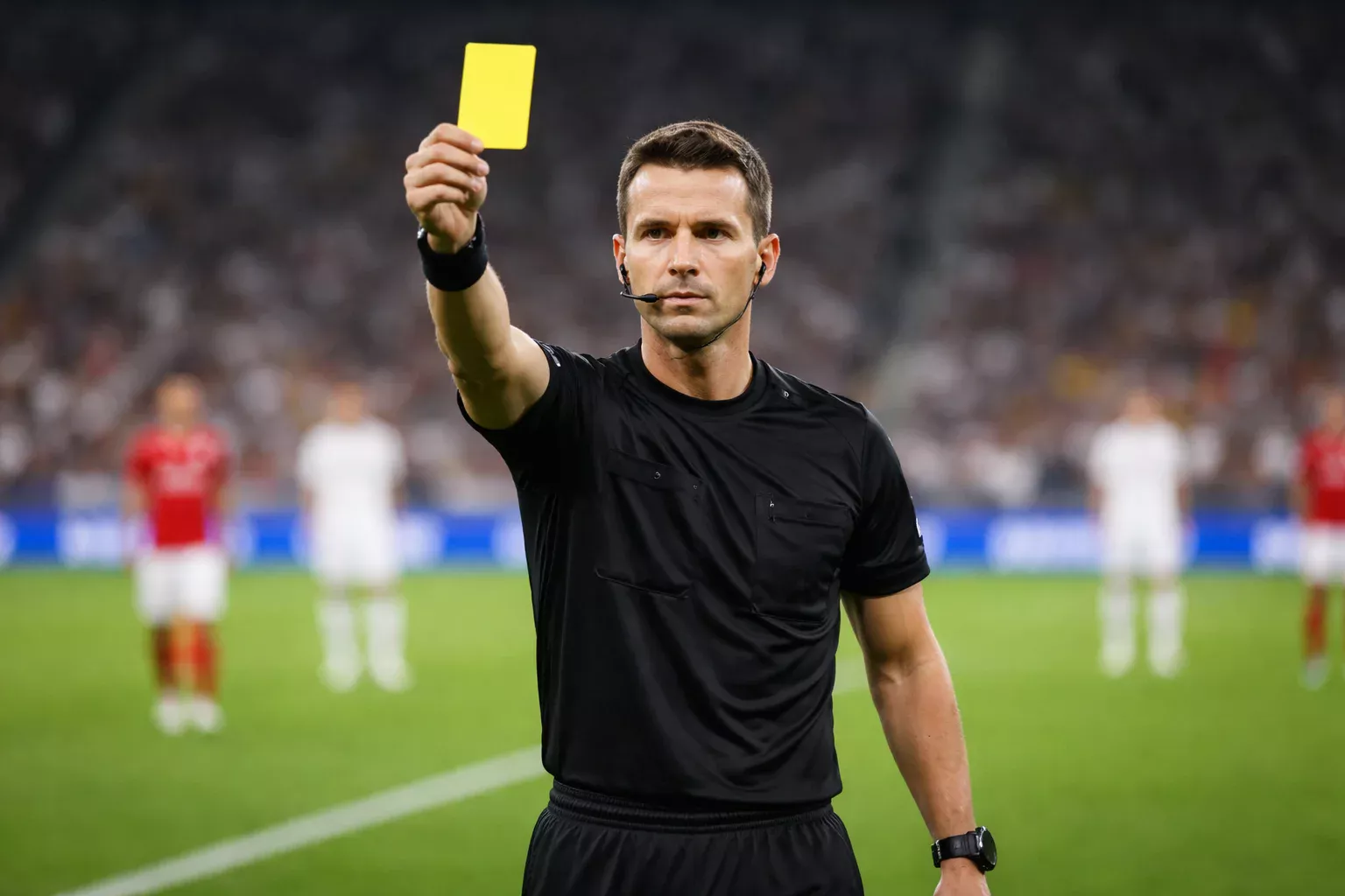 Árbitro mostrando tarjeta amarilla en un partido de fútbol