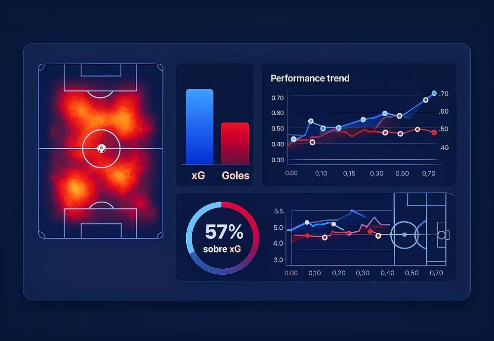 Dashboard de estadísticas avanzadas mostrando xG, xA y heatmap de Lamine Yamal