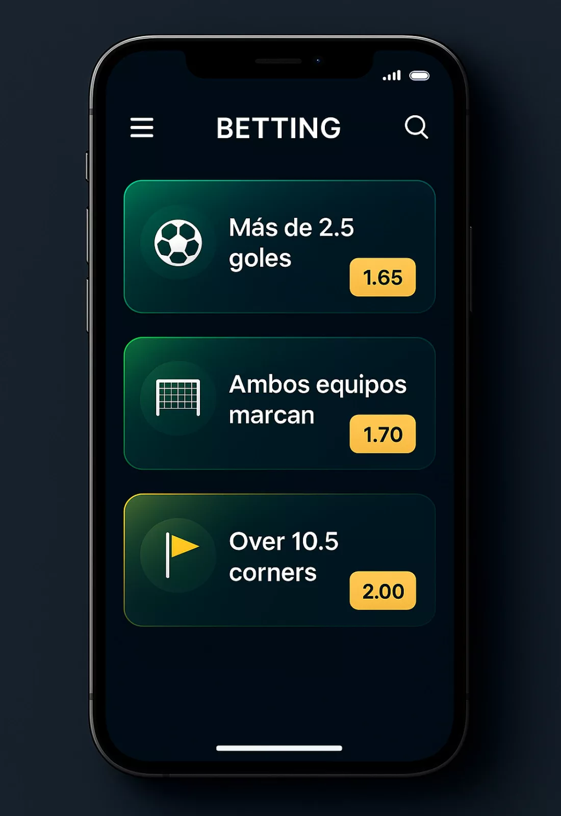 Mejores mercados de apuestas para El Clásico - Interfaz de app con cuotas más rentables
