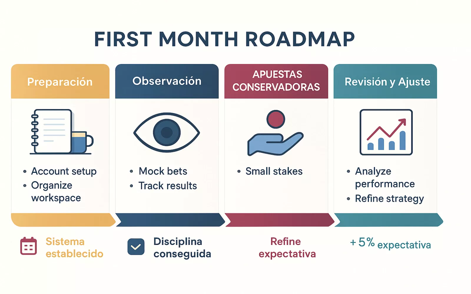 Plan de acción de 4 semanas para primer mes: preparación, observación, apuestas y revisión