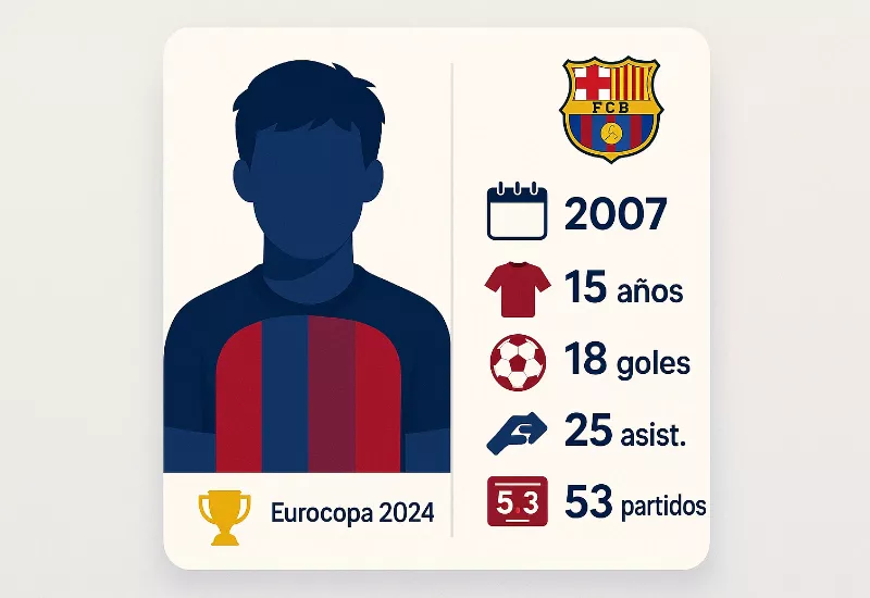 Infografía con estadísticas y perfil biográfico de Lamine Yamal en el FC Barcelona